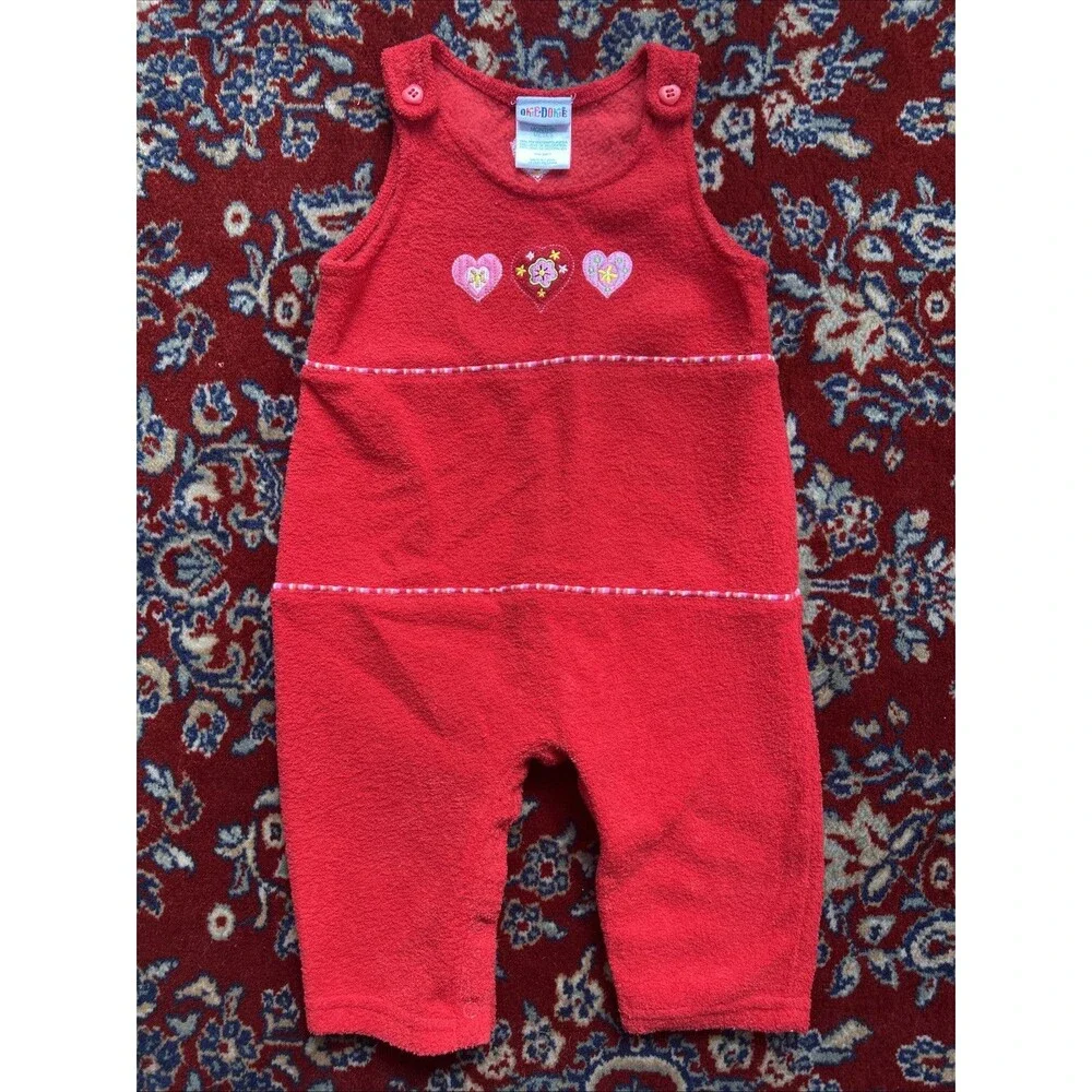 VINTAGE OKIE DOKIE Toddler Girls Heart Overall Terry Cloth Size 12 Months